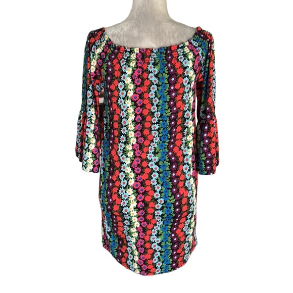Trina Turk Daisy Floral Bell Sleeve Off the Shoulder Mini Swing Slip Dress - S - Picture 16 of 16